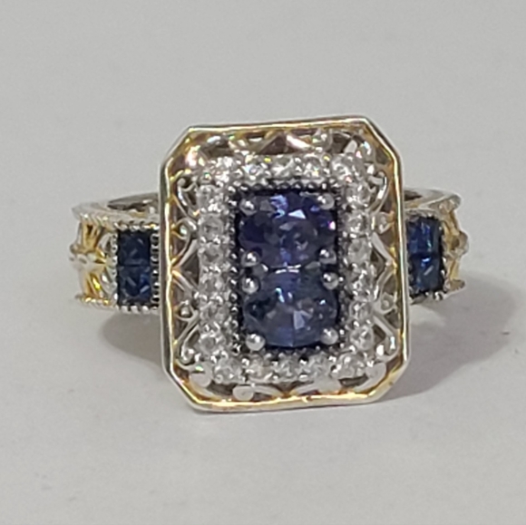 Gems en Vogue Boho Mogok Blue Sapphire 24K Plated Sterling Silver Statement Ring - Picture 2 of 16